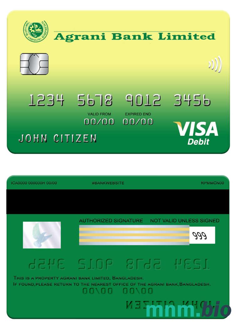 Bangladesh Agrani bank przykład karty visa w formacie PSD